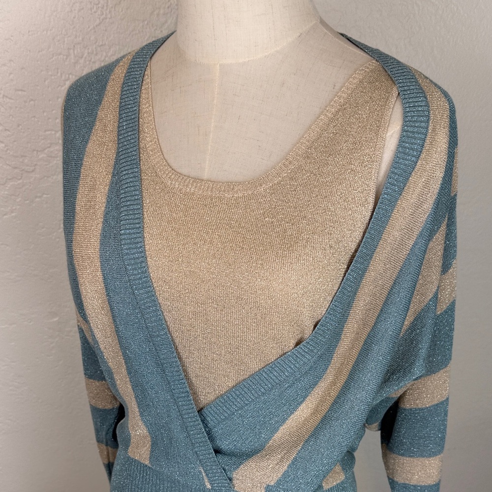 Vintage BCBGMAXAZRIA Metallic Striped Faux-Wrap Knit – Size M - Picture 3 of 14